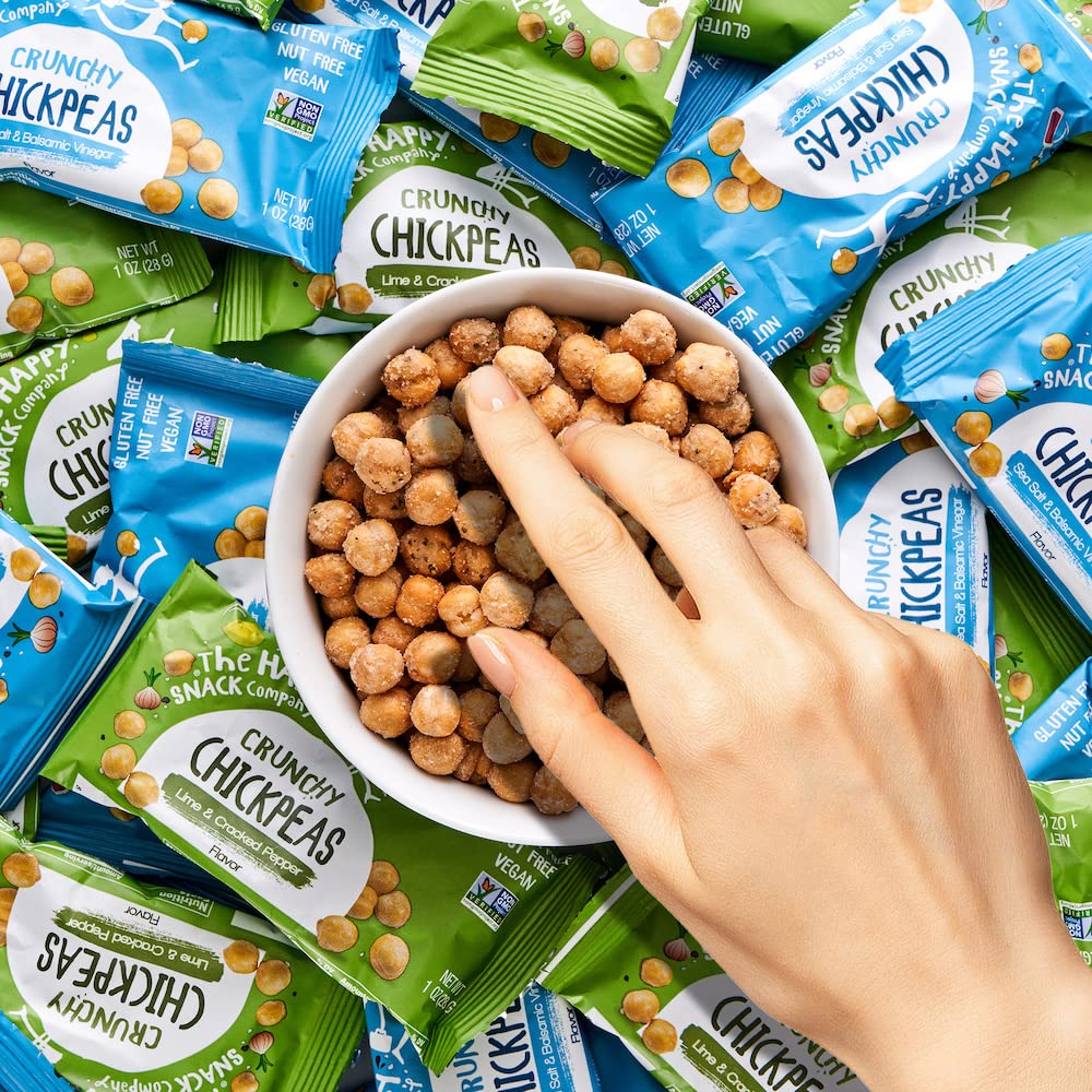 The Happy Snack Company crunchy chickpeas in a lunchbox, ideal for work or school.