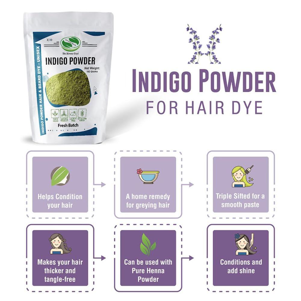 The Henna Guys Indigo powder for at-home, chemical-free coloring.