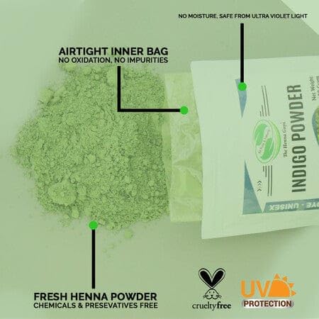 The Henna Guys Indigo powder ready for easy hair dye application.