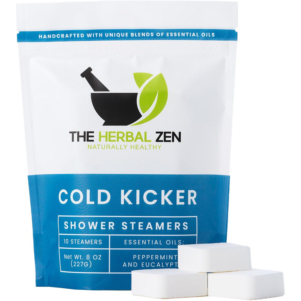 The Herbal Zen Cold Kicker pack shot with peppermint and eucalyptus steamers for refreshing mornings.