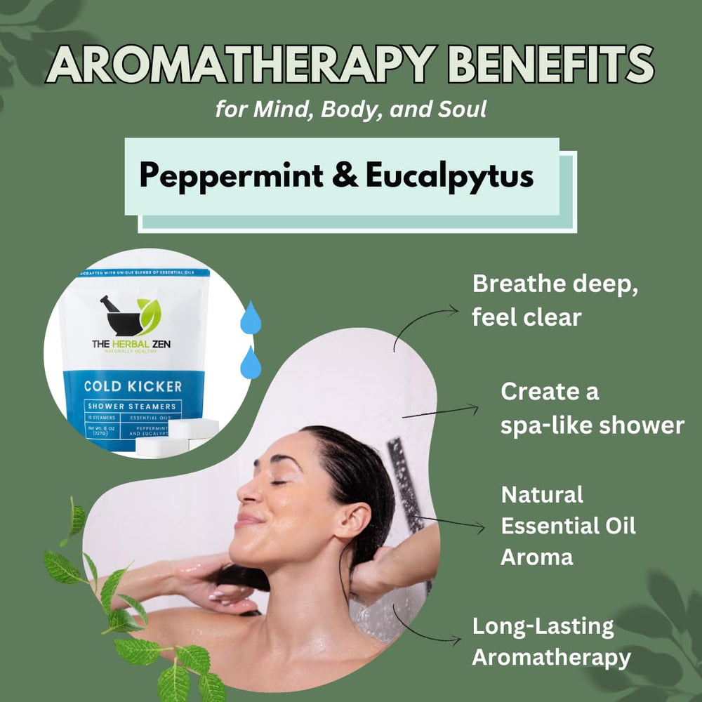 The Herbal Zen Shower Steamer tablets on sink for easy daily spa-like ritual.
