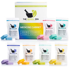 The Herbal Zen shower-steamer variety pack box on shelf for daily relaxation