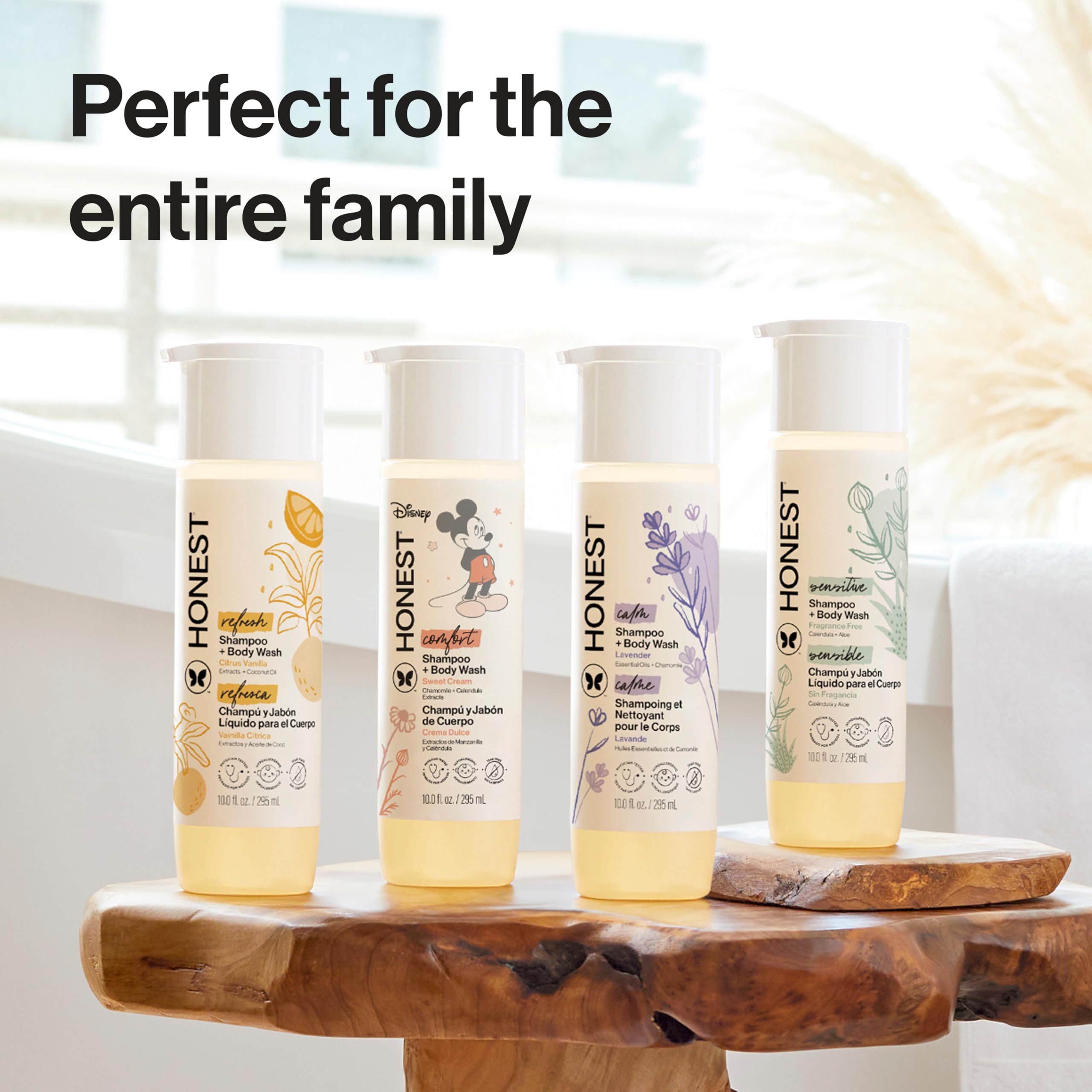 The Honest Company 2-in-1 bottle on sink for easy daily use.