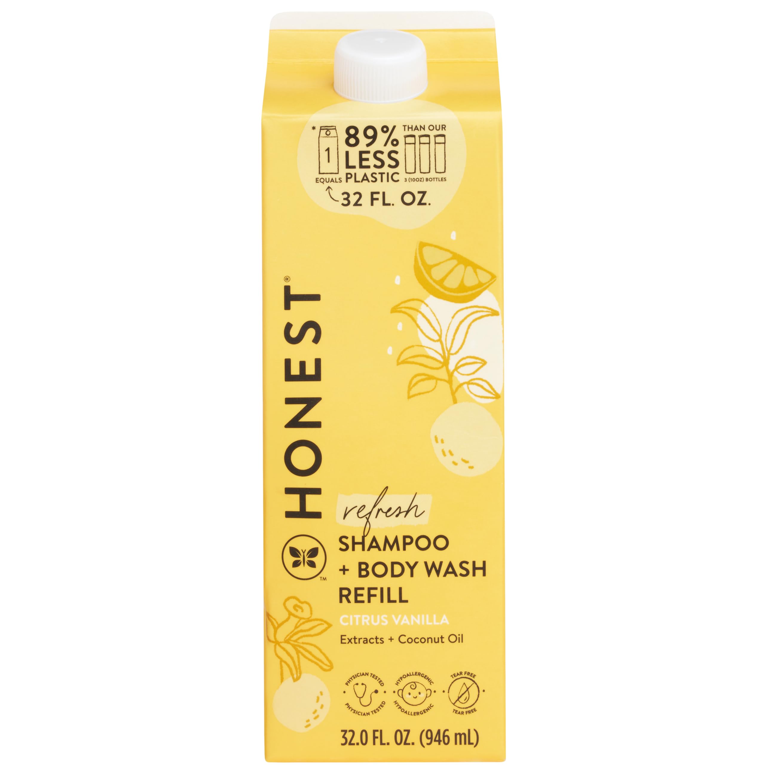 The Honest Company 2-in-1 Citrus Vanilla bottle pouring for gentle cleansing.
