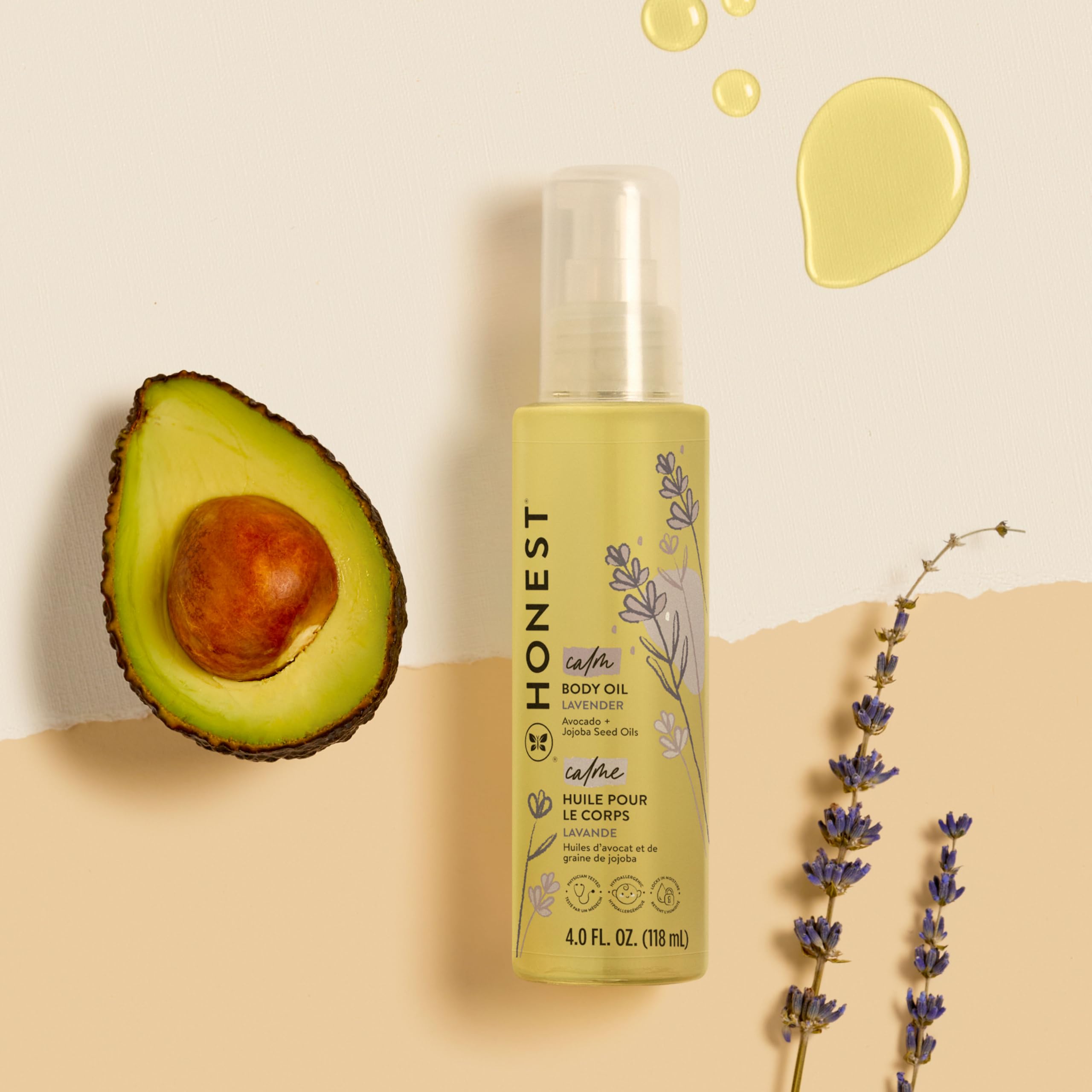 Avocado, coconut, and olive oil blend on The Honest Company bottle label for nourishment.