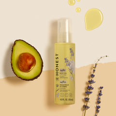 Avocado, coconut, and olive oil blend on The Honest Company bottle label for nourishment.