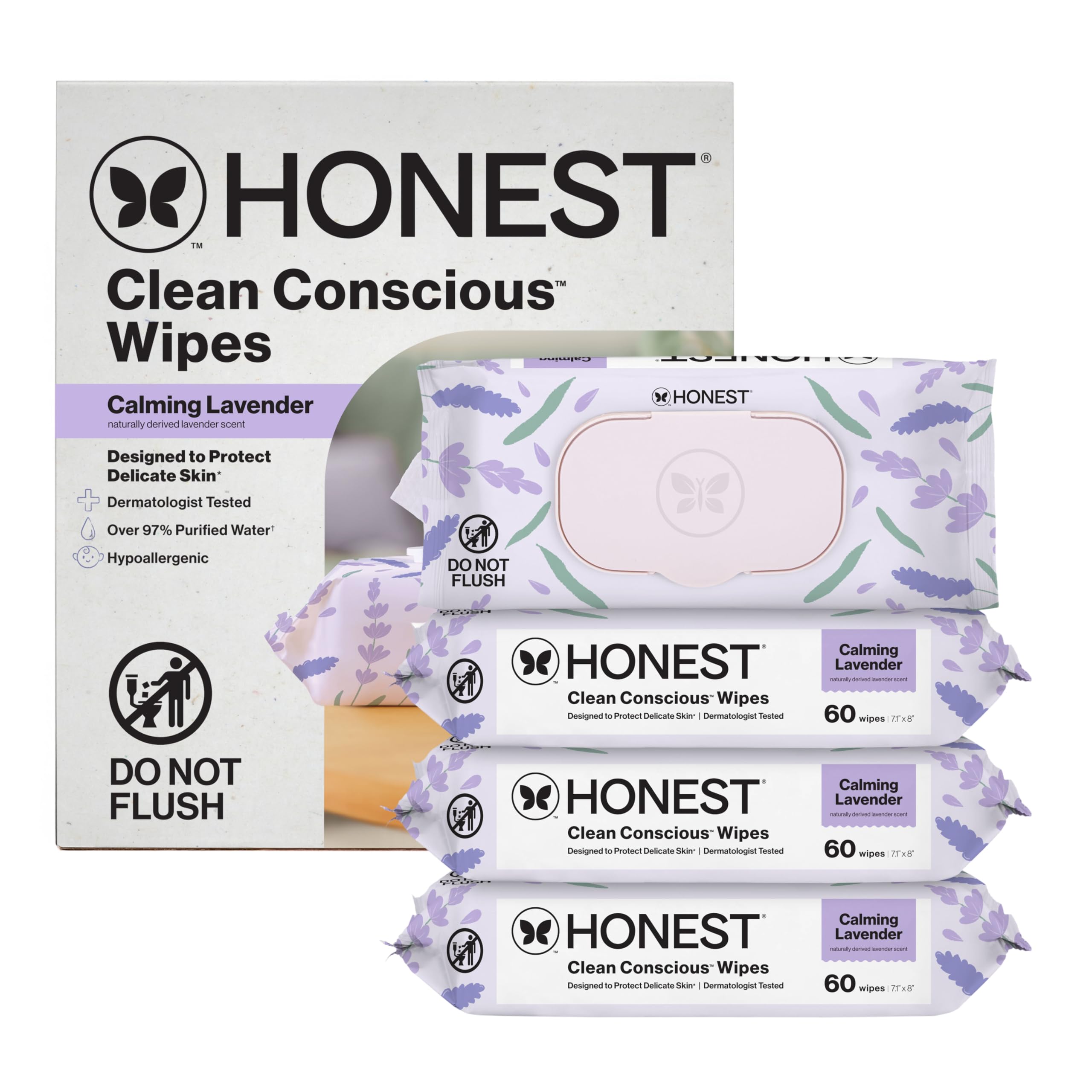 The Honest Company calm-cleanse wipes bottle-pour shows easy, on-the-go refreshing.