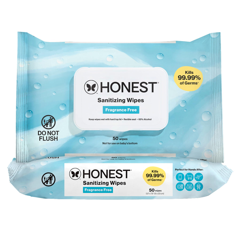 The Honest Company fragrance-free wipes pack close-up shows aloe for gentle cleansing.