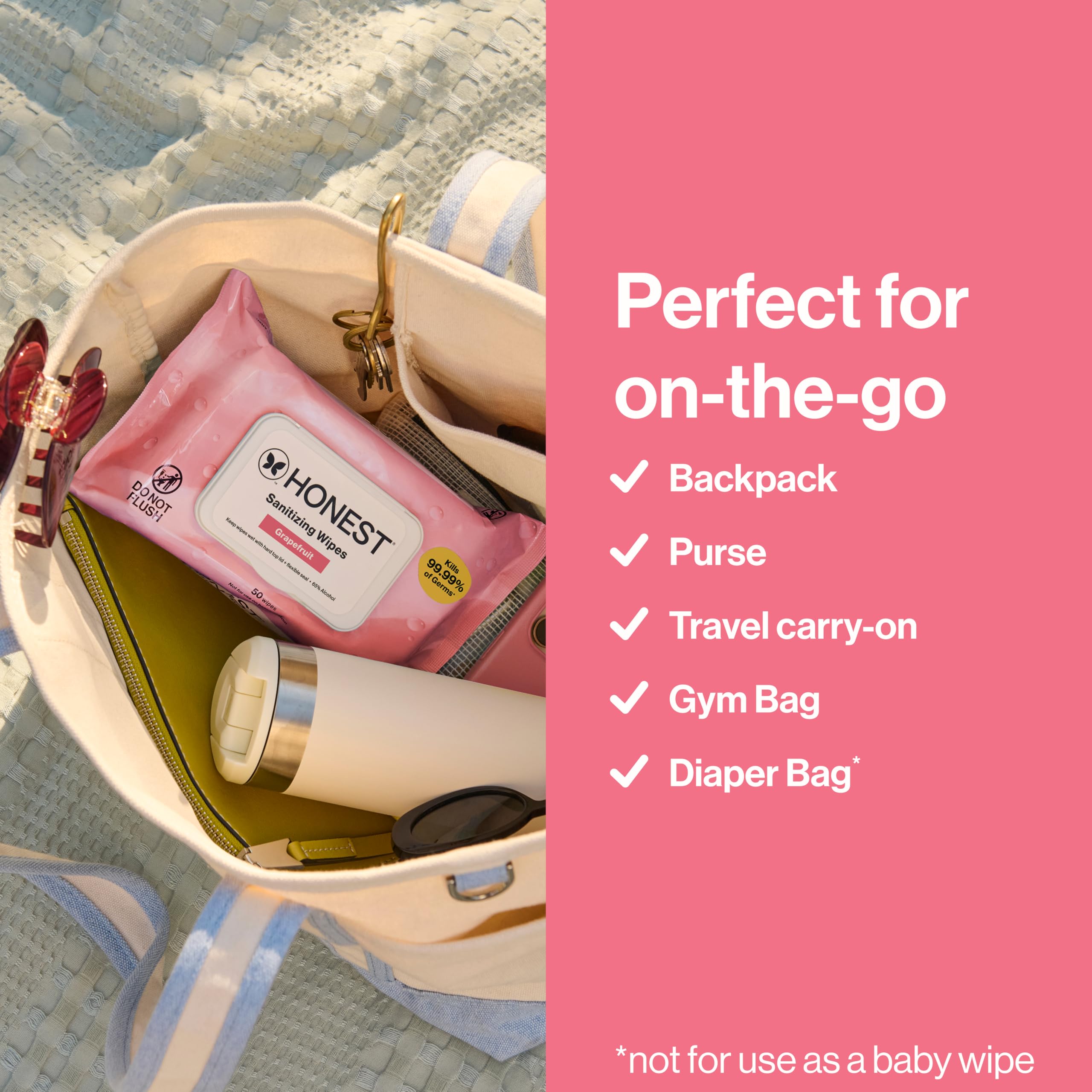 The Honest Company Grapefruit Grove wipes in purse for on-the-go sanitizing