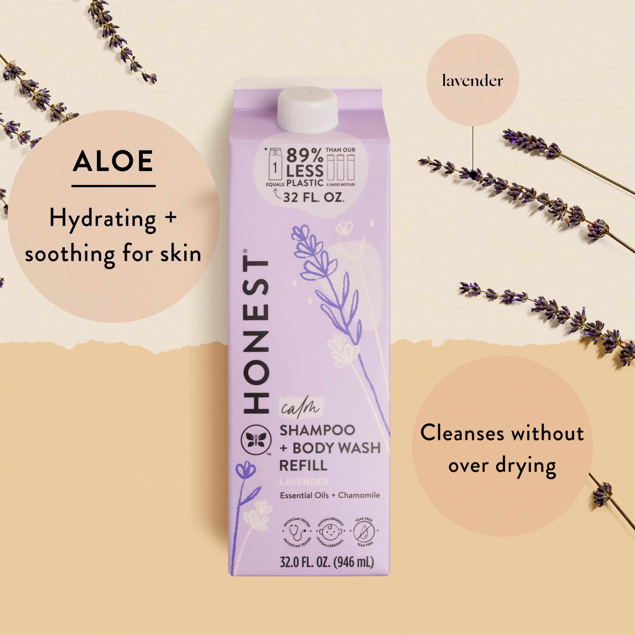 The Honest Company Lavender Calm bottle pour for soothing, tear-free bath time.