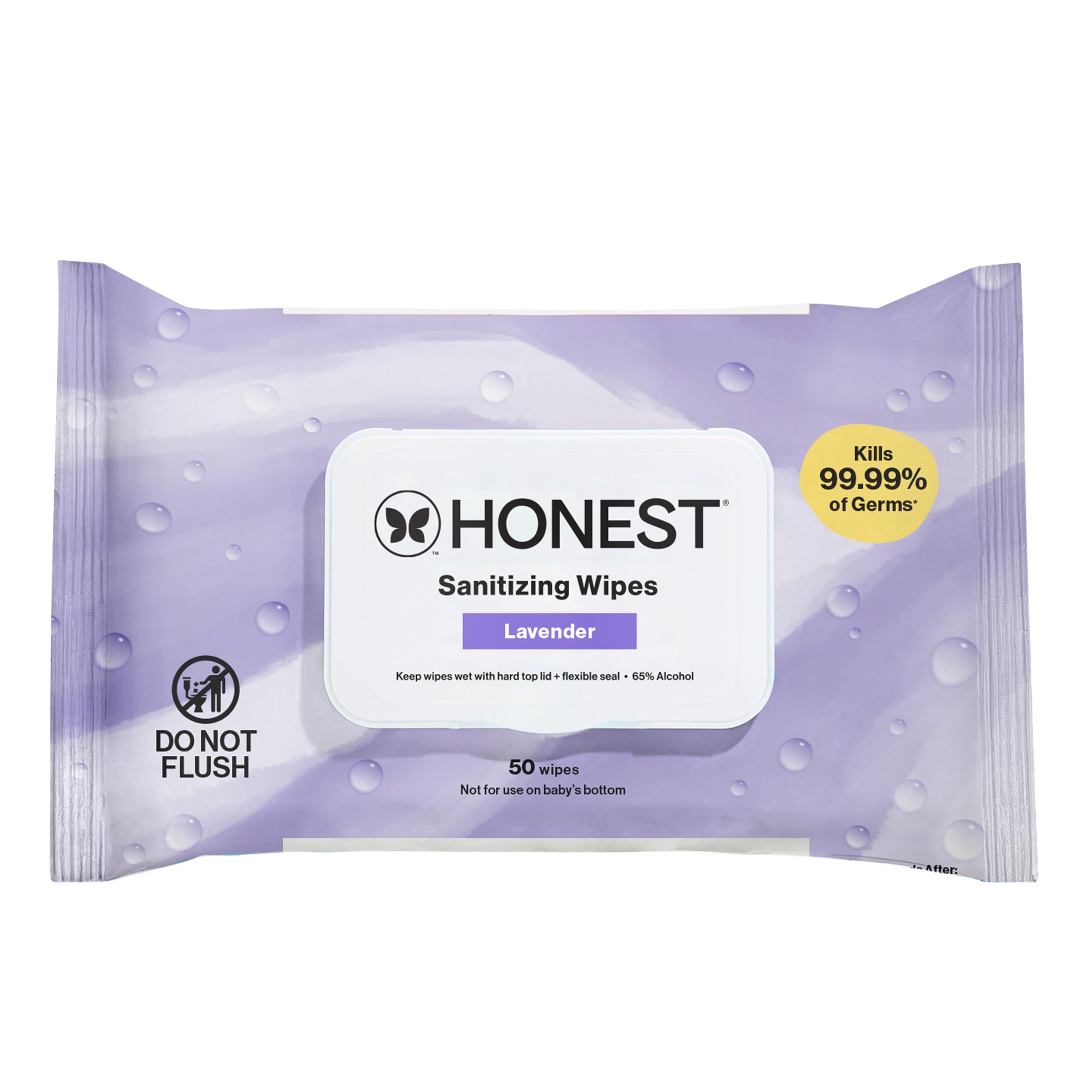 The Honest Company Lavender Sanitizing Wipes pack shot for on-the-go germ protection.