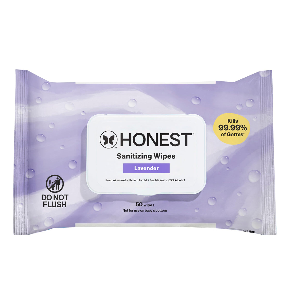 The Honest Company Lavender Sanitizing Wipes pack shot for on-the-go germ protection.