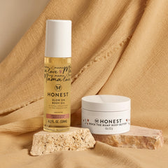The Honest Company Glow On Body Oil bottle close-up highlights lightweight texture for quick absorption.