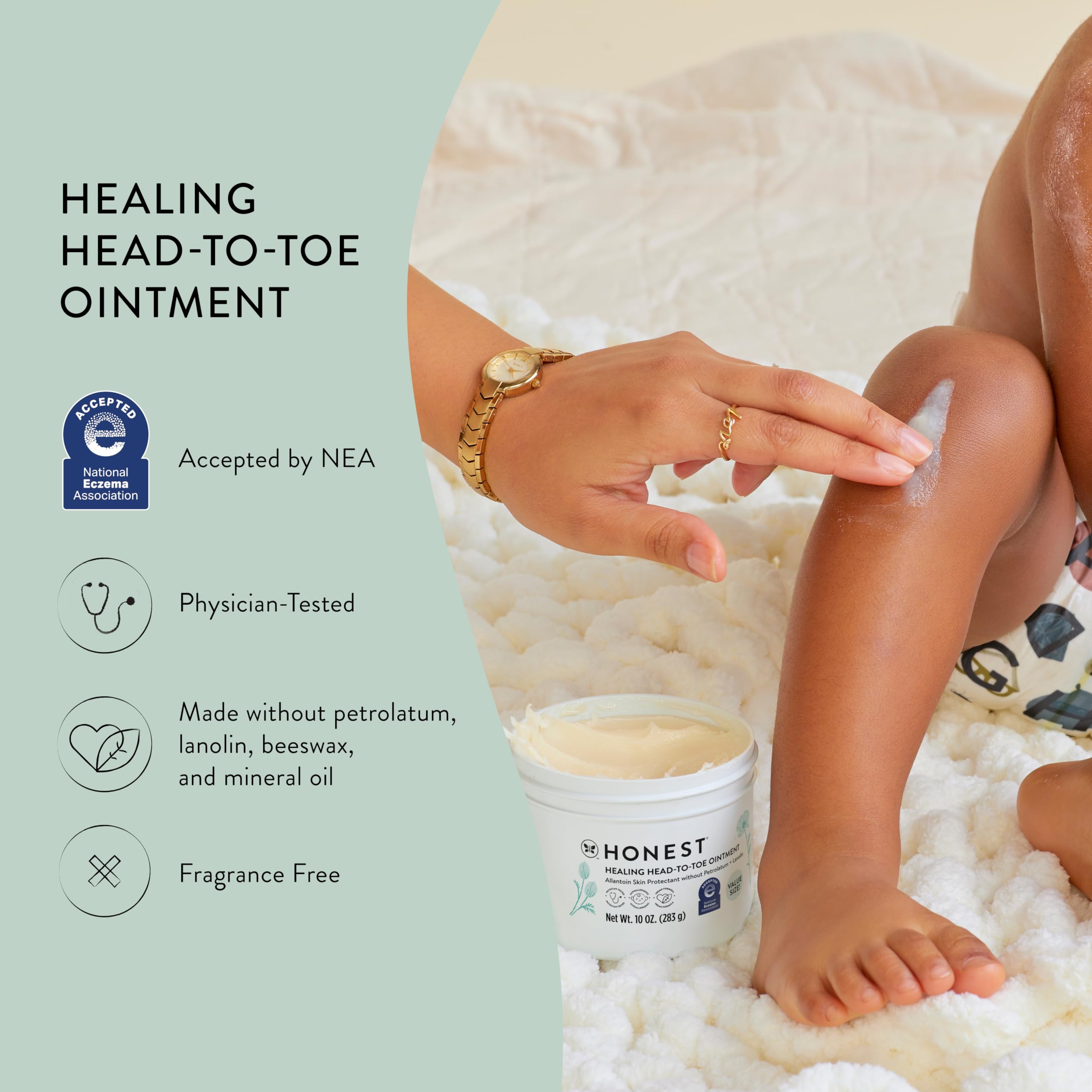 The Honest Company shea butter and allantoin ingredients closeup highlighting skin barrier support.
