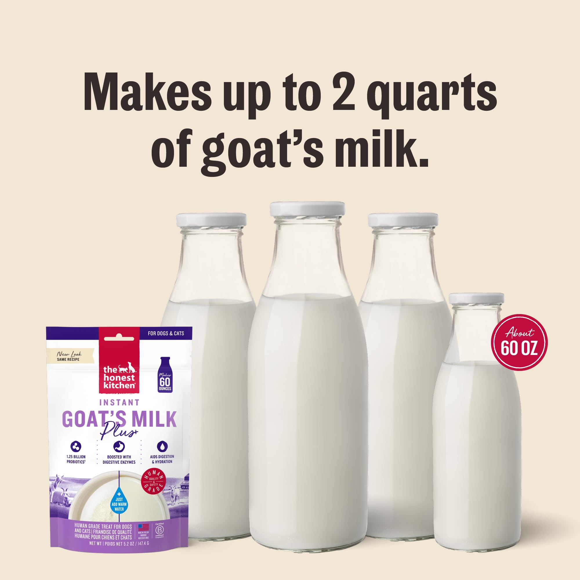 Powder rehydrates to over 60 oz of goat milk for pets.