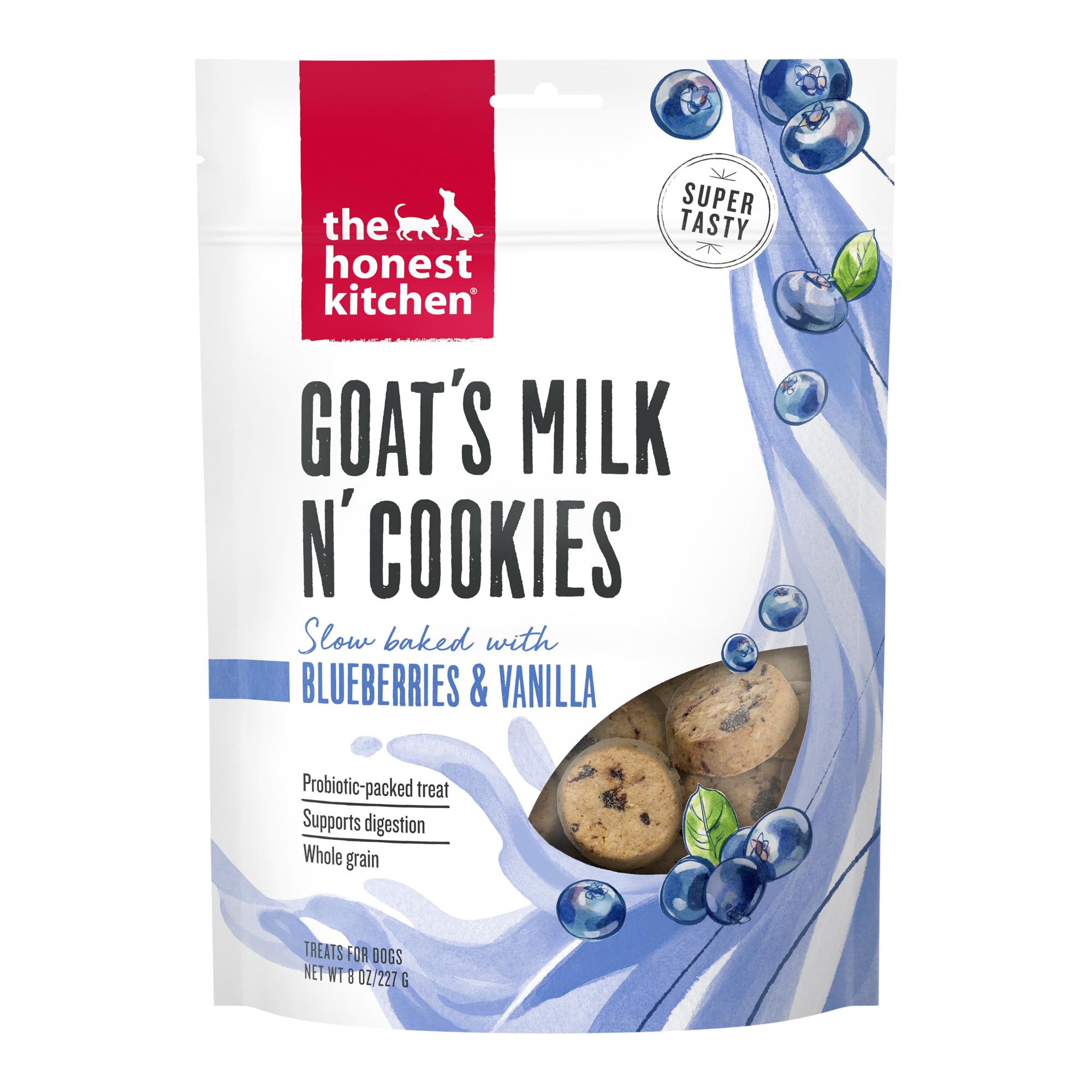 The Honest Kitchen Goat's Milk N' Cookies bag close-up showing real ingredients and probiotics.