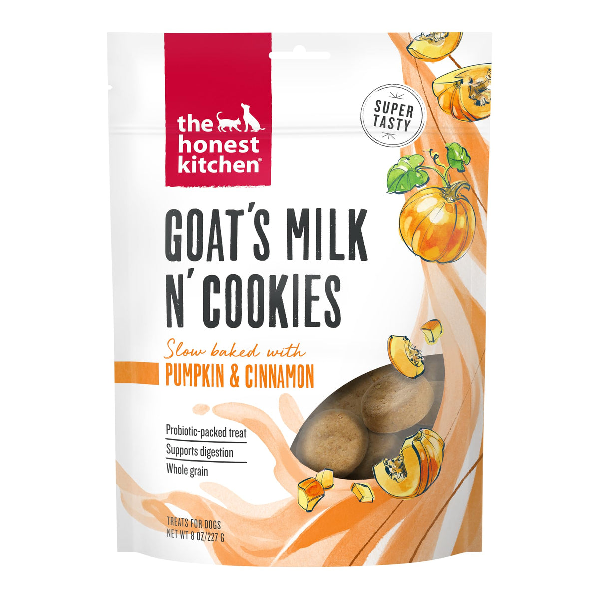 The Honest Kitchen goats milk n cookies pumpkin and oats — probiotic snack for digestion-friendly bites.