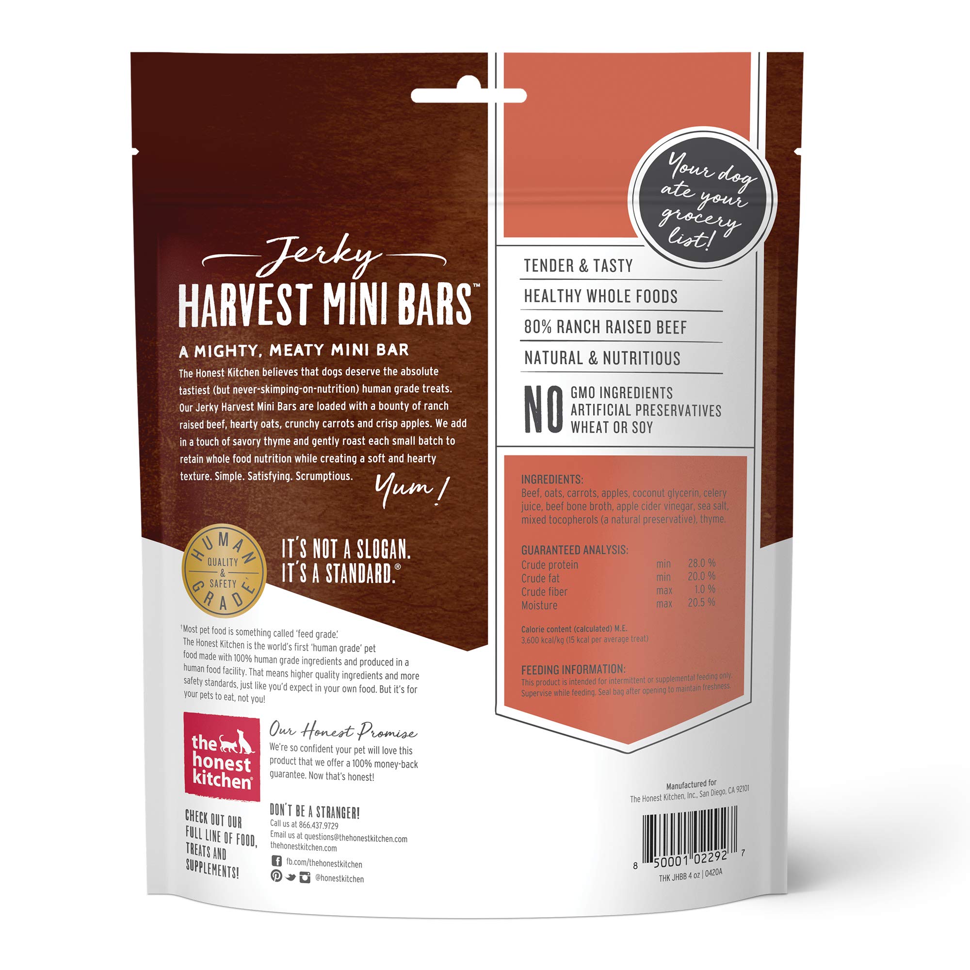 The Honest Kitchen Jerky Harvest Mini Bars beef apples carrots, wholesome bite for dogs.