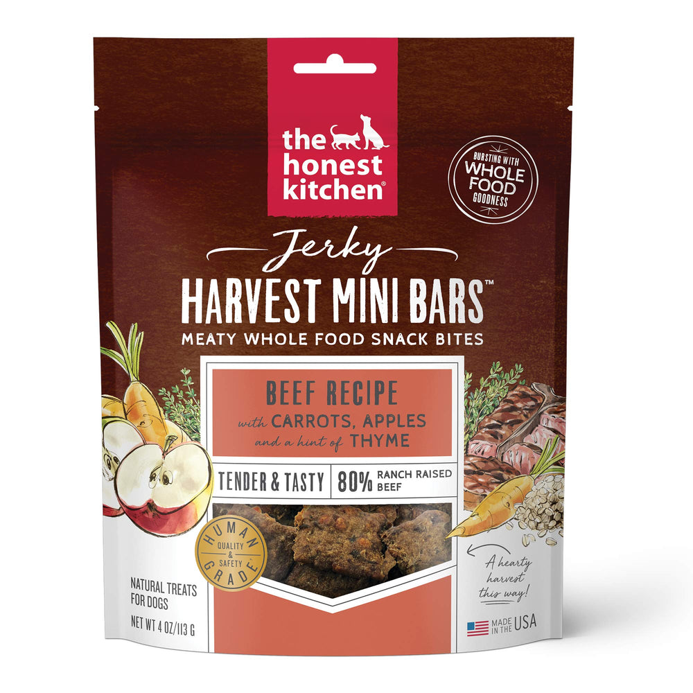 The Honest Kitchen Jerky Harvest Mini Bars beef recipe, protein-rich dog treat.