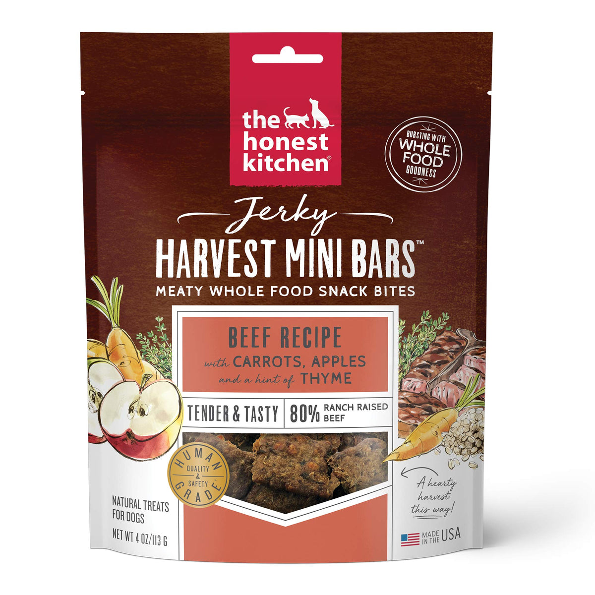 The Honest Kitchen Jerky Harvest Mini Bars beef recipe, protein-rich dog treat.