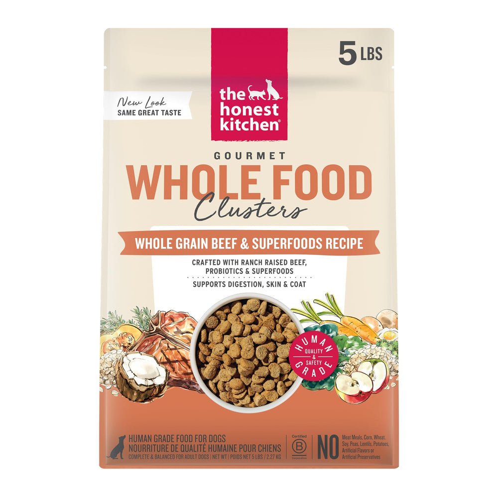 The Honest Kitchen Whole Grain Beef & Oat dry dog food bag highlighting premium ingredients for dogs