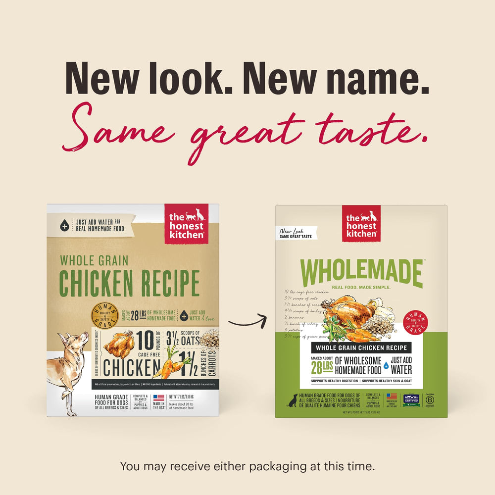 The Honest Kitchen Wholemade ingredients free-range chicken highlight high-quality protein for dogs.