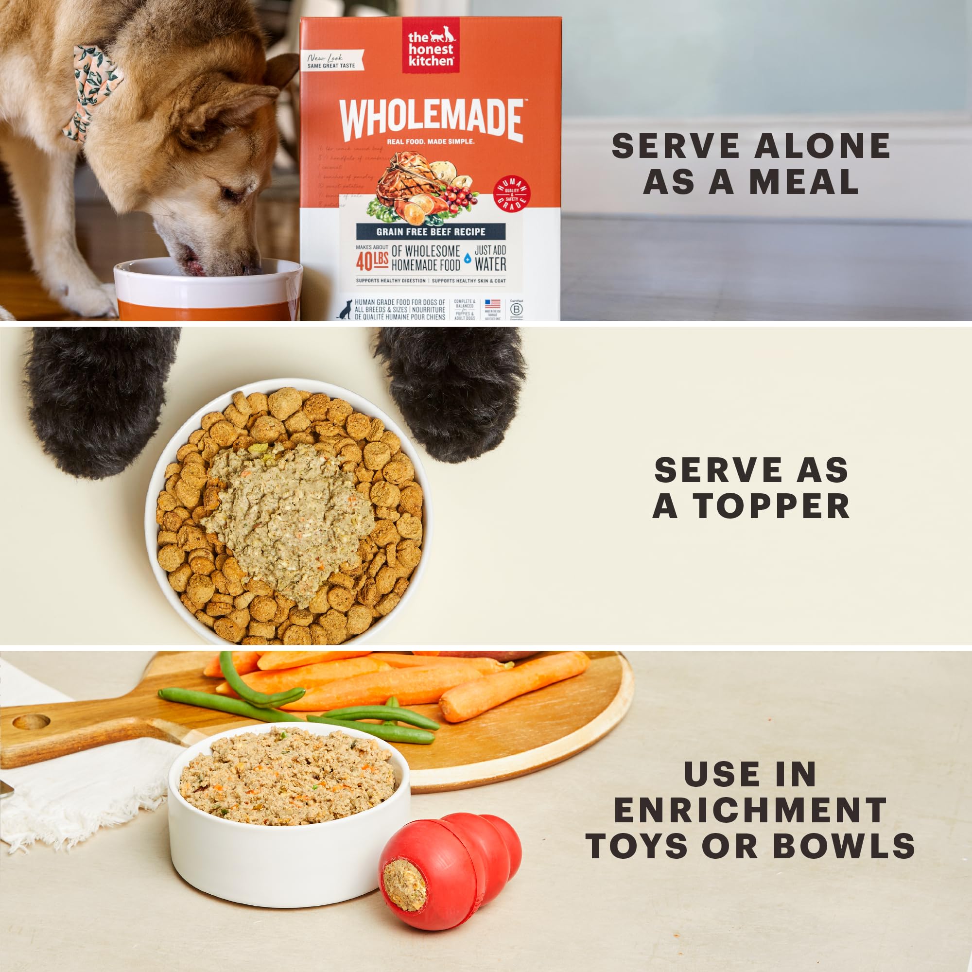 The Honest Kitchen Wholemade no preservatives badge conveys clean ingredient standards.