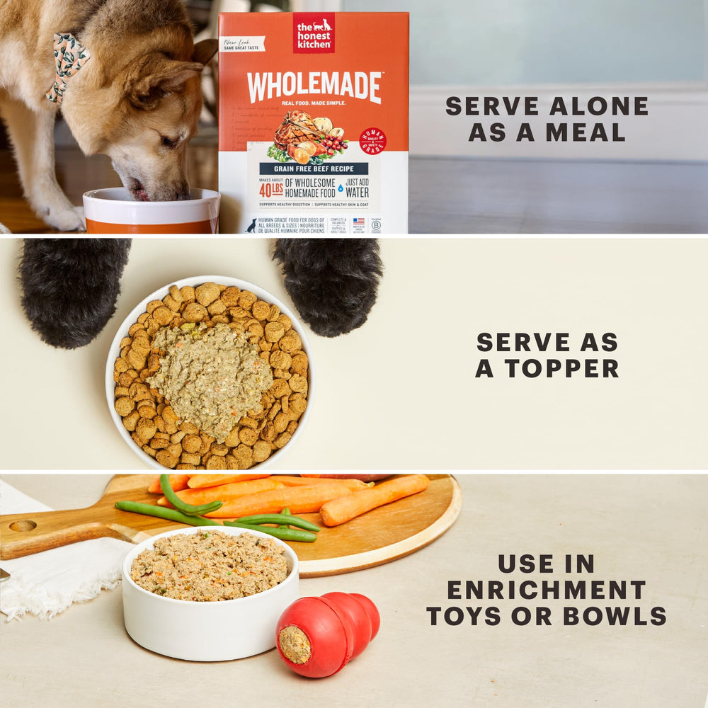 The Honest Kitchen Wholemade no preservatives badge conveys clean ingredient standards.