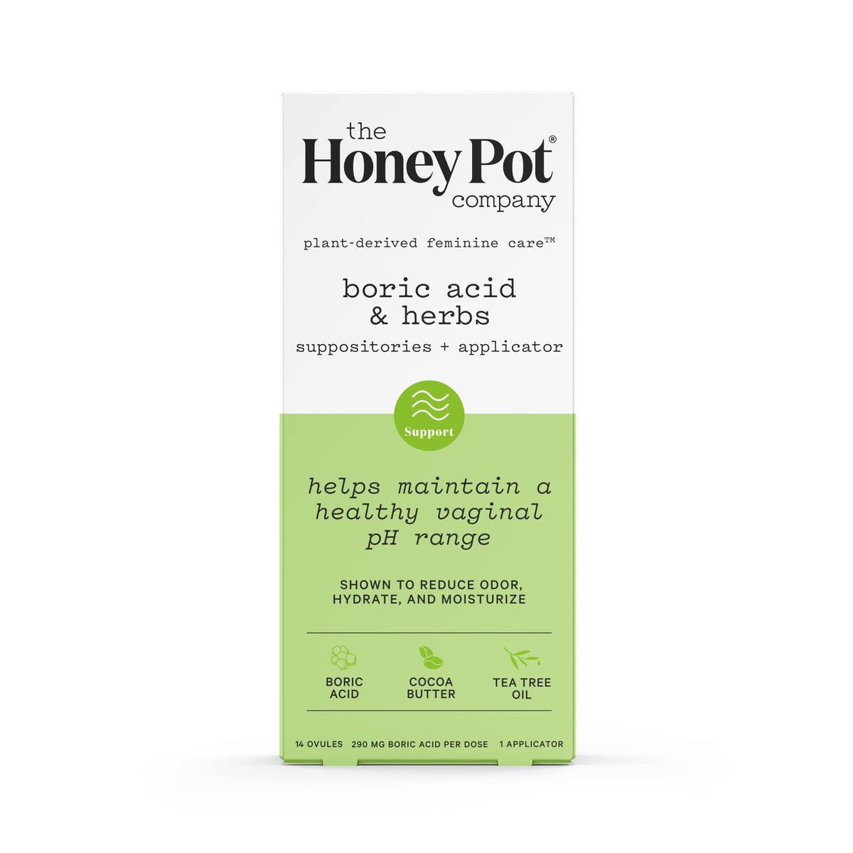 The Honey Pot 7-Day Boric Acid Suppositories pack highlighting pH balance support