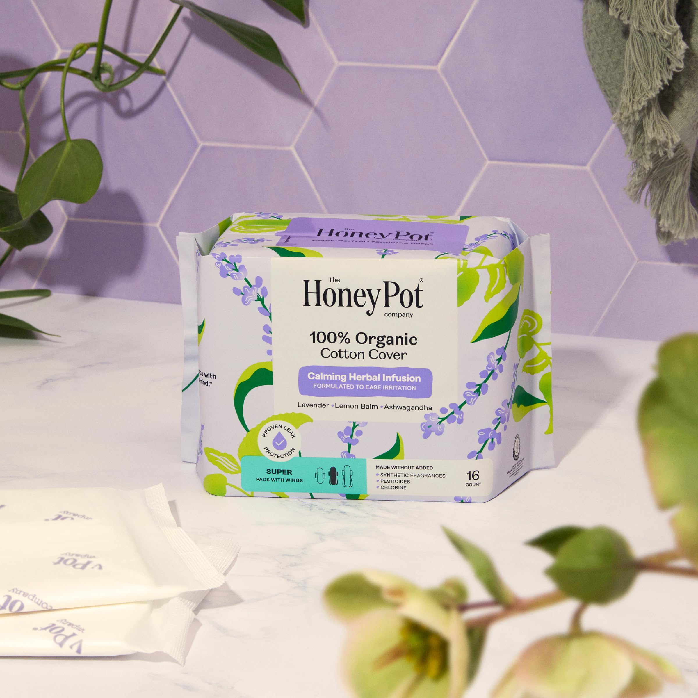 The Honey Pot Calming Super Pads hypoallergenic design supports sensitive skin.