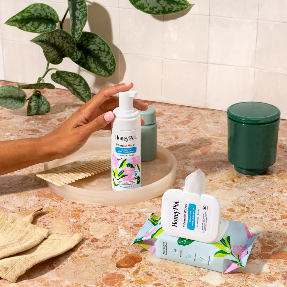 Graphic illustrating gentle cleansing with The Honey Pot herbal wash.