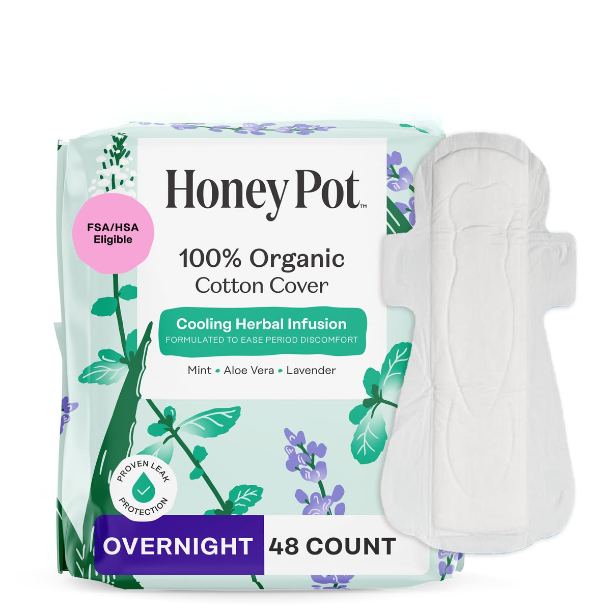 The Honey Pot Company herbal overnight pad with wings for secure night protection.