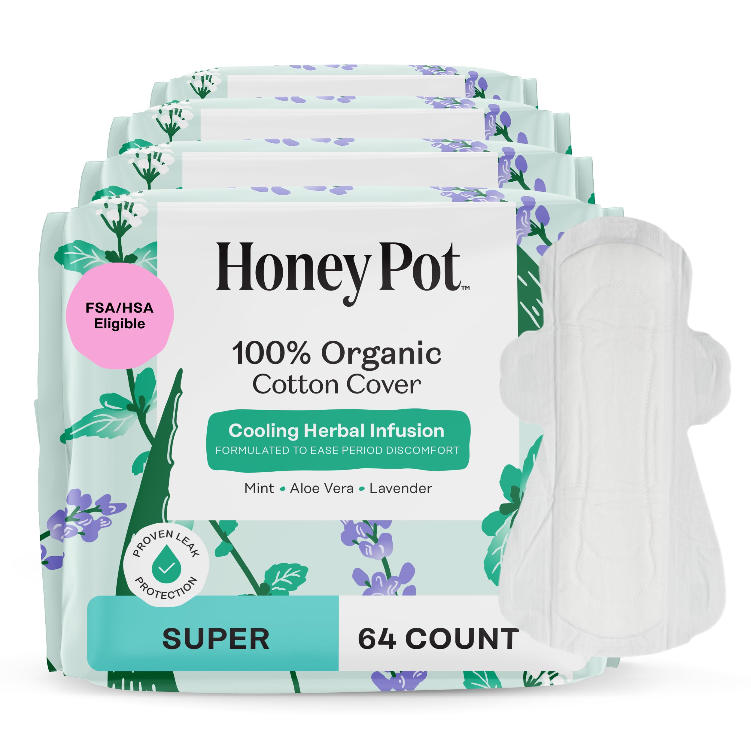 The Honey Pot Company herbal pads super wings front packaging shows cooling relief.