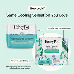The Honey Pot Company herbal pads super wings packaging details highlight absorbency and comfort.