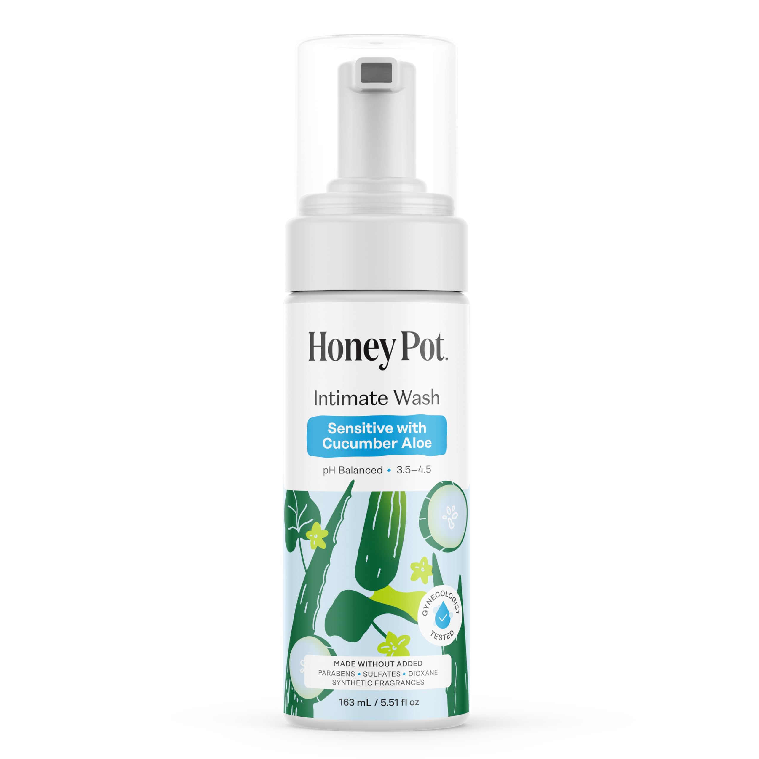 The Honey Pot Cucumber Aloe Wash bottle shows plant-based cleansing for sensitive skin.