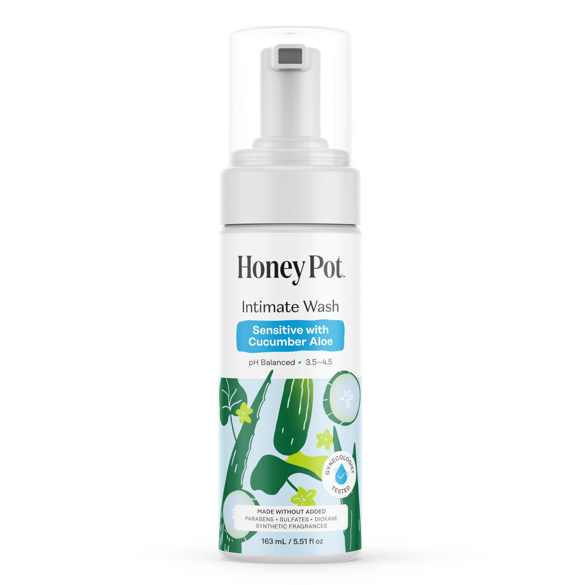 The Honey Pot Cucumber Aloe Wash bottle shows plant-based cleansing for sensitive skin.