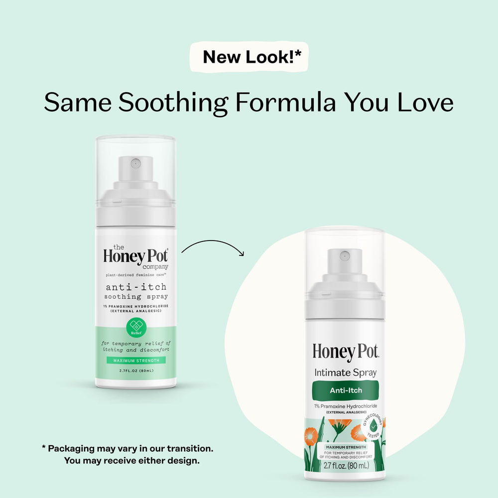 The Honey Pot anti-itch spray application on skin demonstrates easy, portable relief.