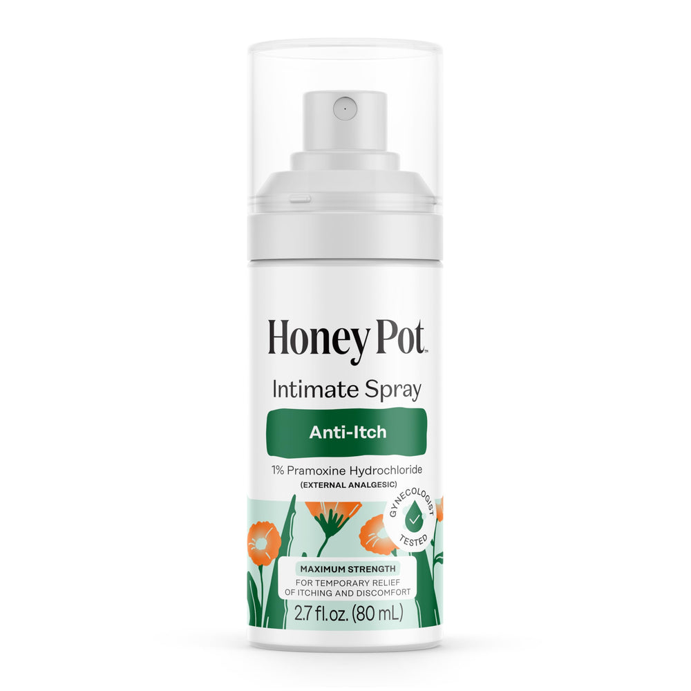The Honey Pot Feminine Anti-Itch Spray bottle front shows convenient relief on the go.