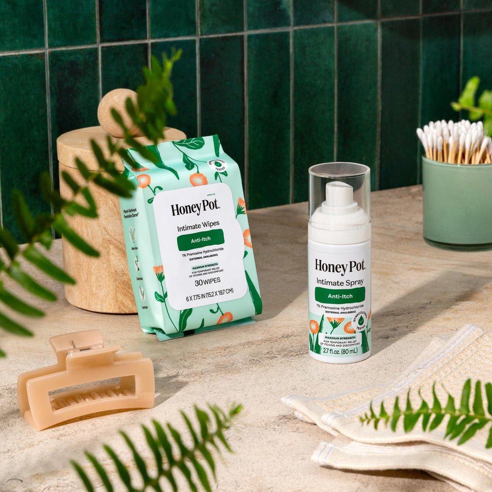The Honey Pot spray field-testing image suggests real-life comfort during daily activities.