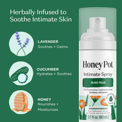The Honey Pot anti-itch spray ingredients closeup highlights cucumber, lavender, and witch hazel.