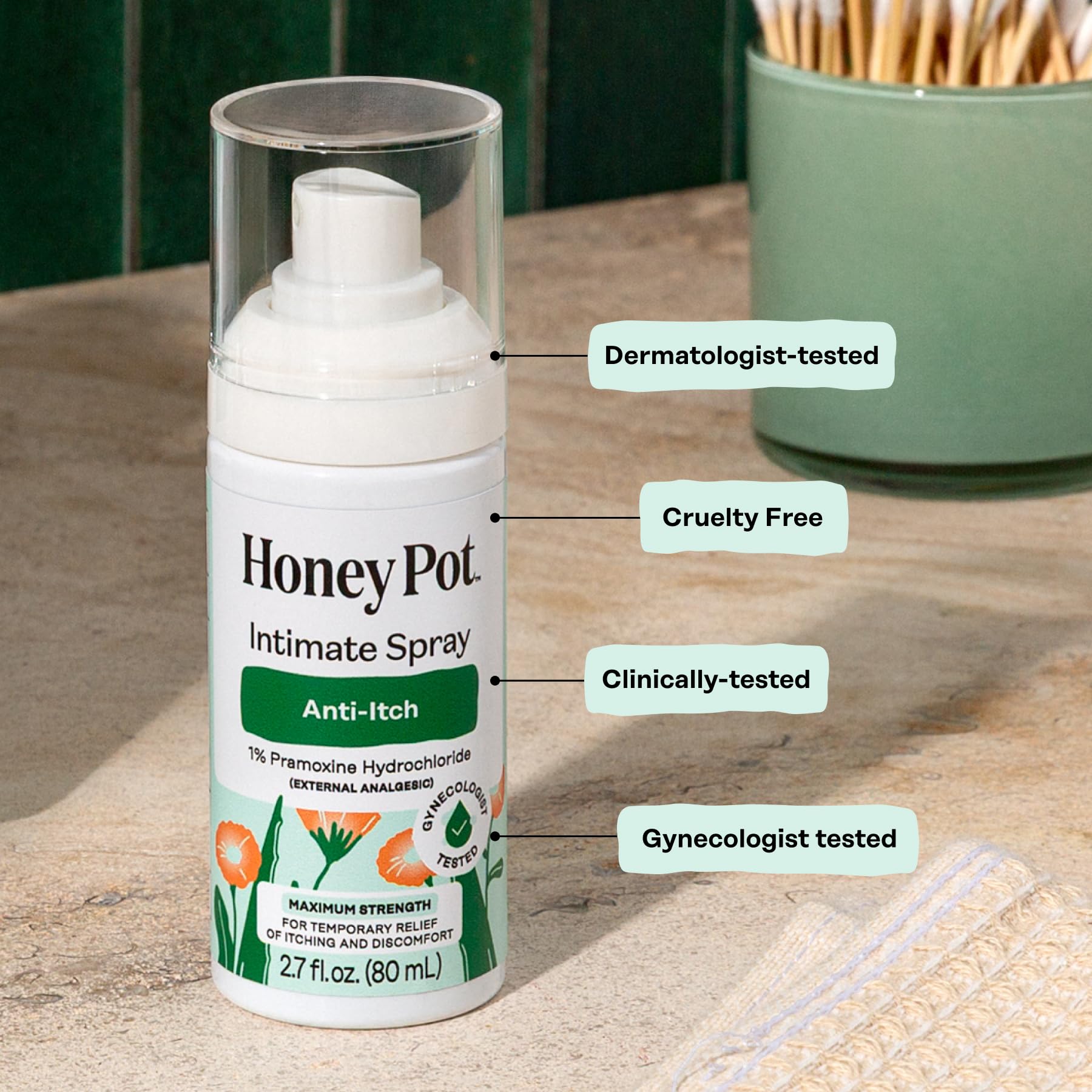 The Honey Pot spray packaging box highlights plant-based formula and pH-conscious design.