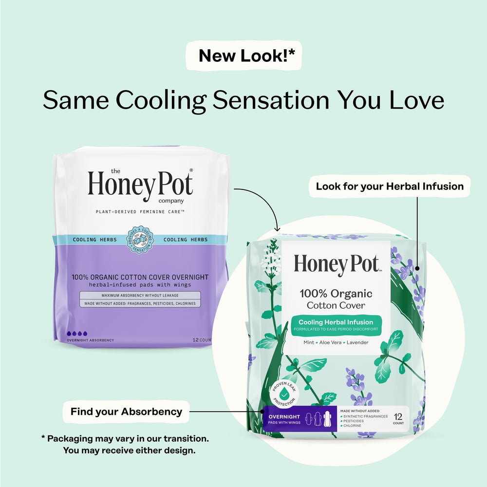 The Honey Pot Company herbal overnight pad with cooling effect for comfort.