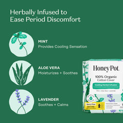 The Honey Pot herbal pad cooling-rose-aloe-mint provides a refreshing feel when needed.