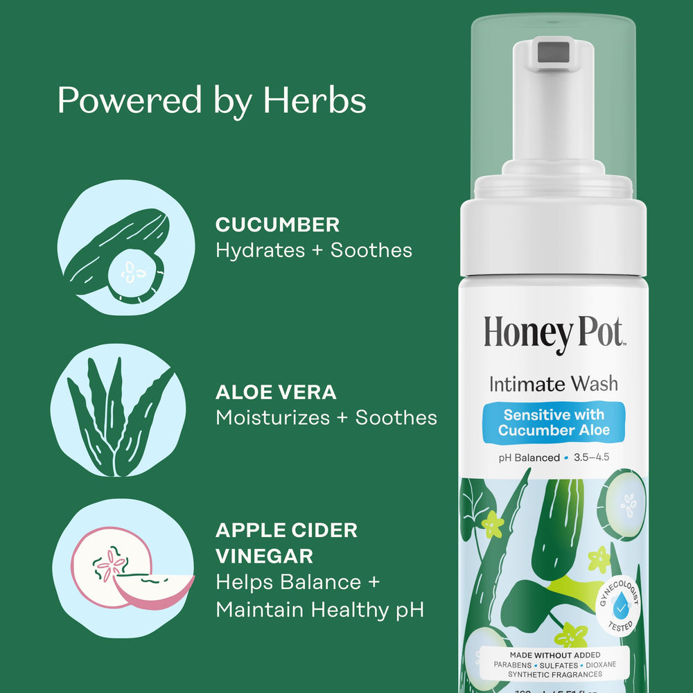 The Honey Pot ingredients feature cucumber and aloe for soothing skin care.