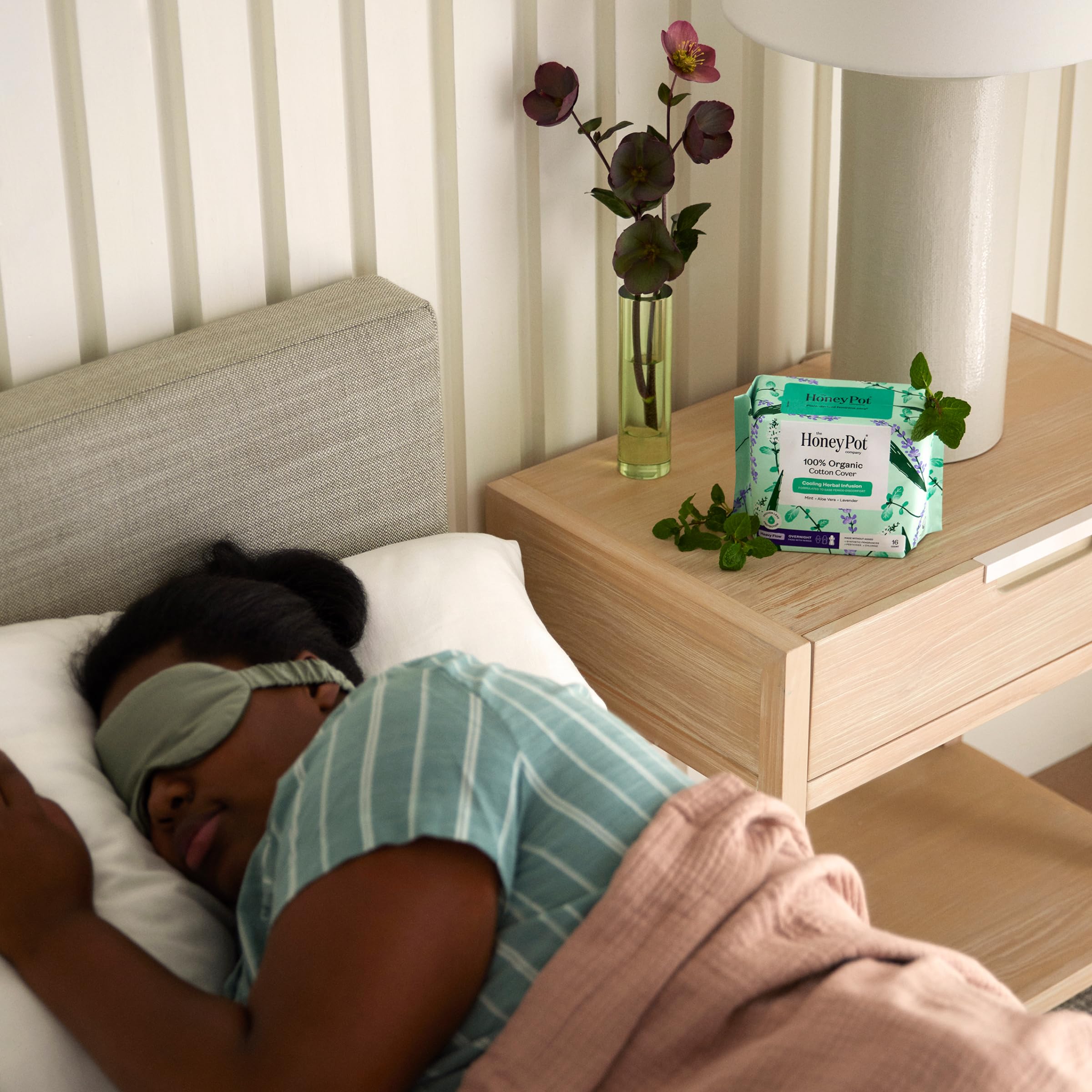 The Honey Pot cooling herbal pad provides relief during peak flow moments.