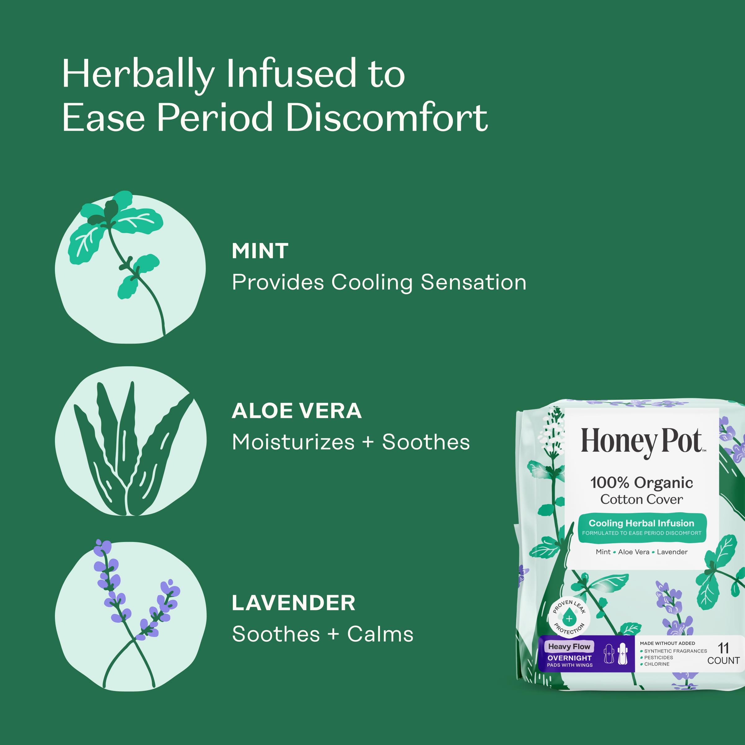 The Honey Pot organic cotton cover with wings offers breathable, skin-friendly protection.