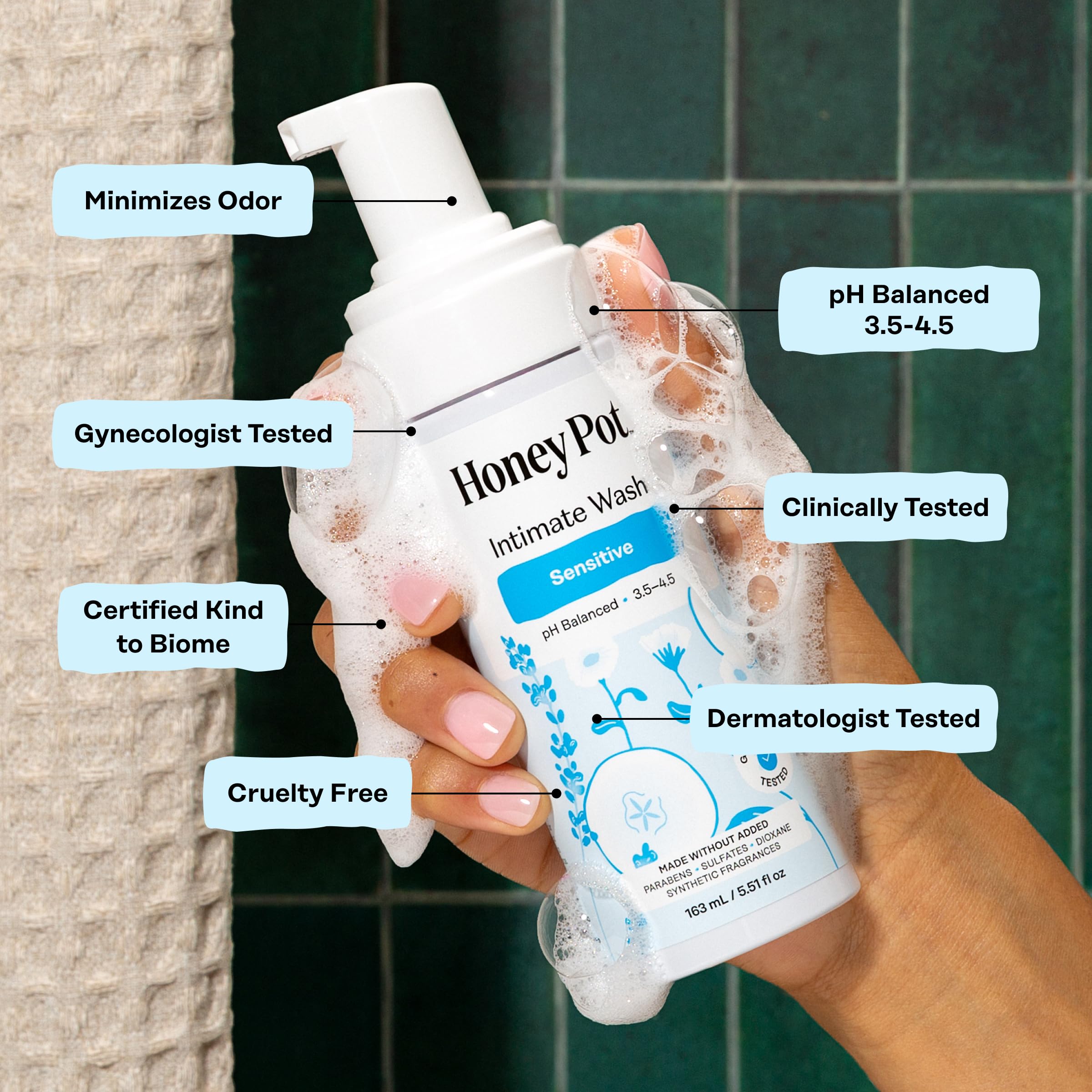 The Honey Pot Sensitive Wash foaming texture delivers refreshing cleansing