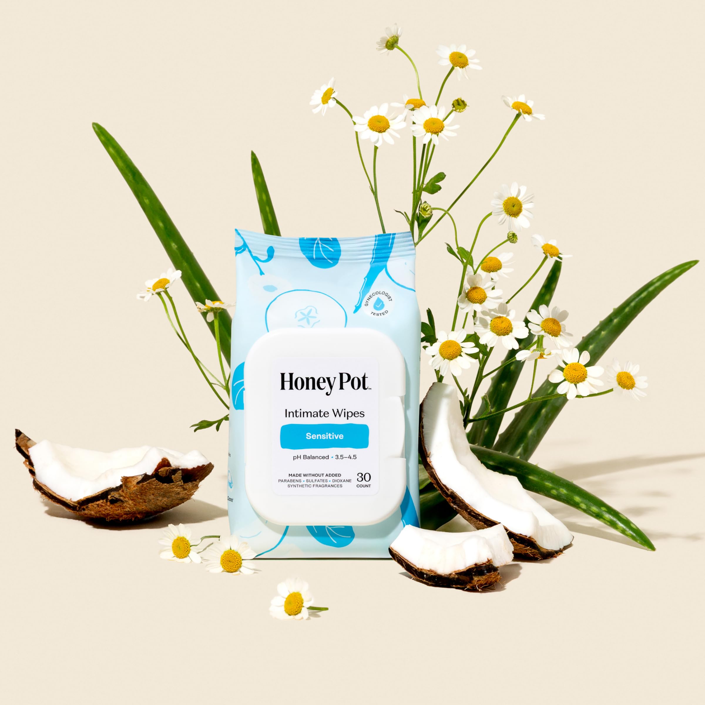 The Honey Pot Sensitive Wipes travel-size resealable pack enhances portability.