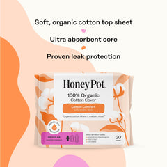 The Honey Pot ultra-absorbent pulp core detail highlights strong protection.