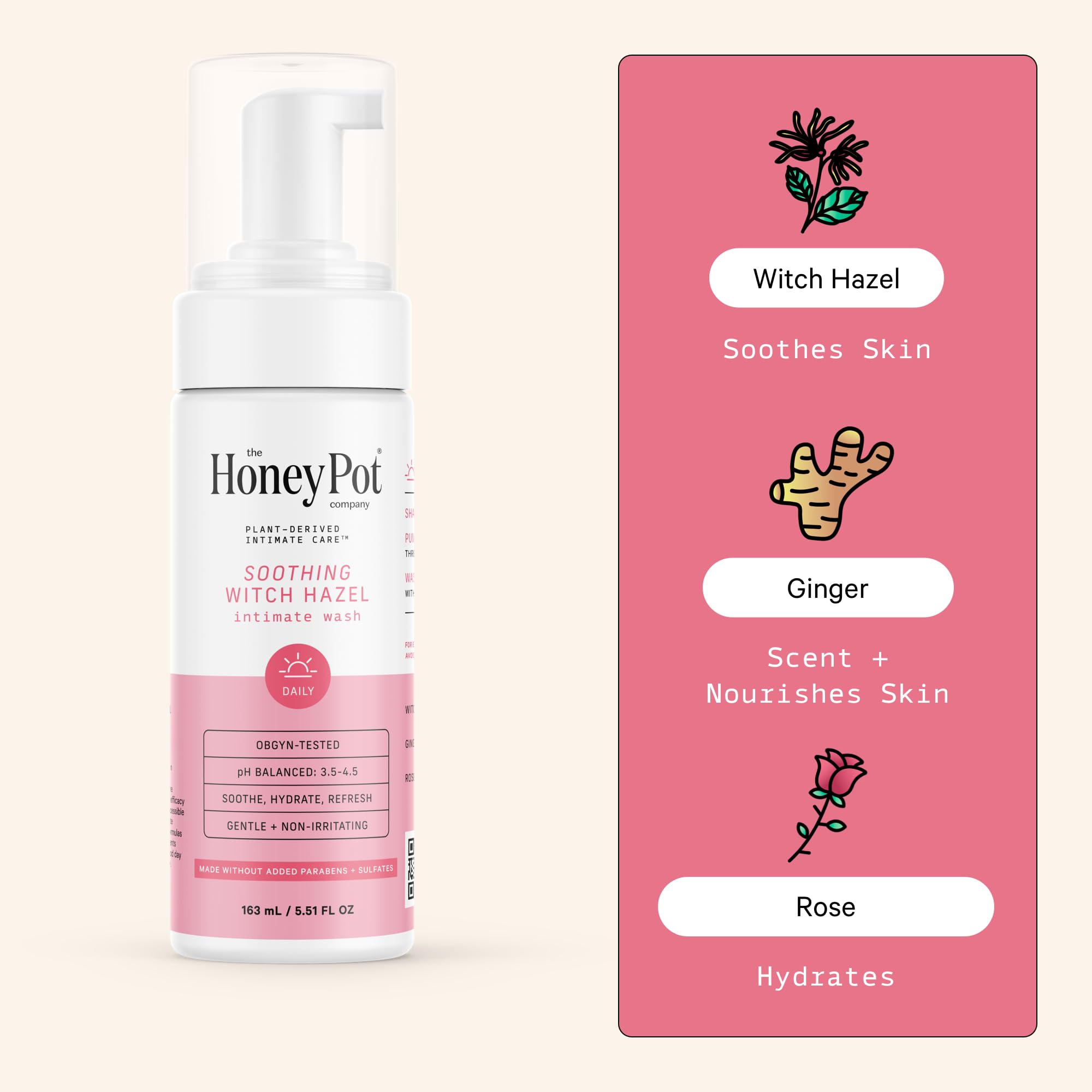 The Honey Pot Witch Hazel Wash packaging emphasizes pregnancy-safe, plant-based ingredients.